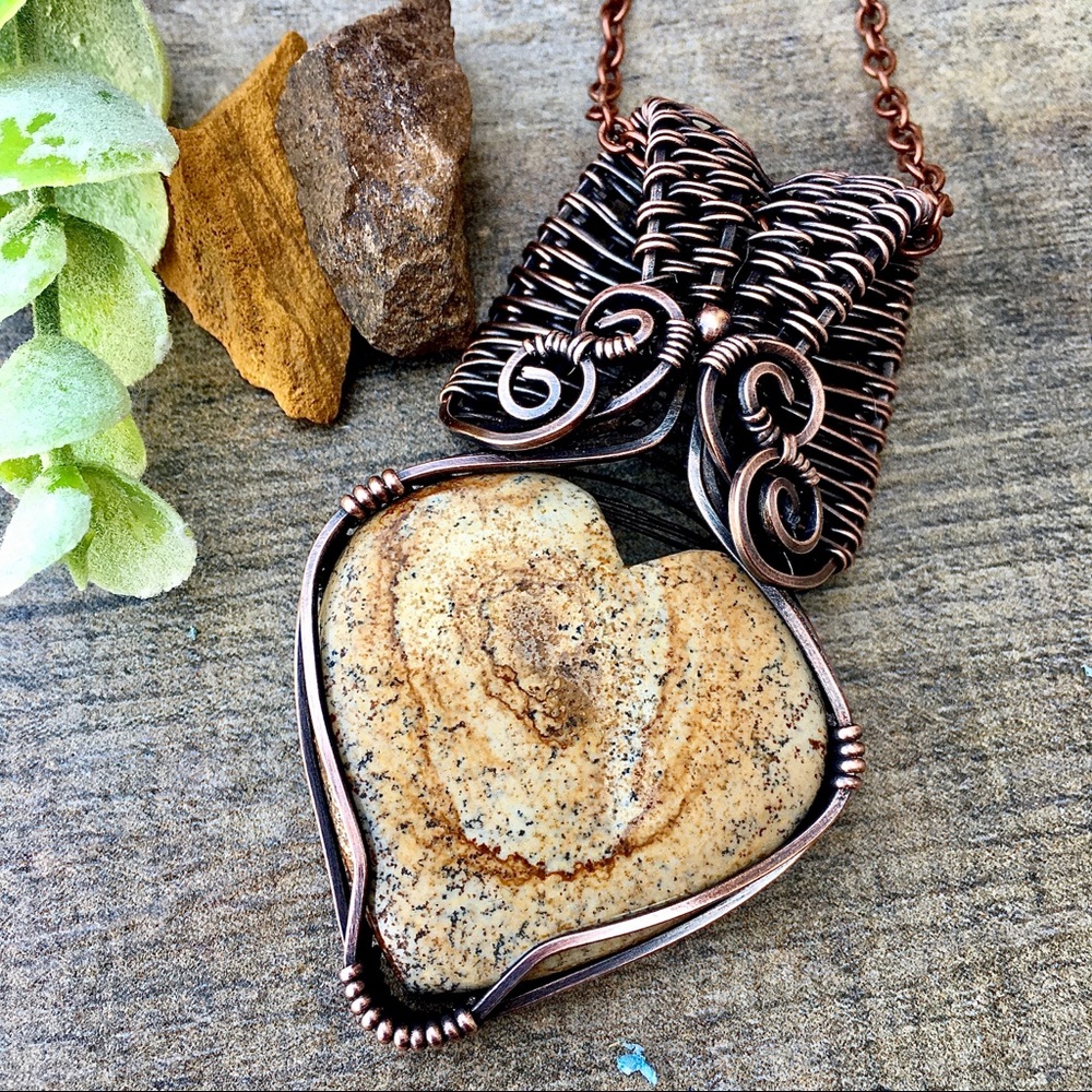 Picture jasper wire wrapped pendant necklace